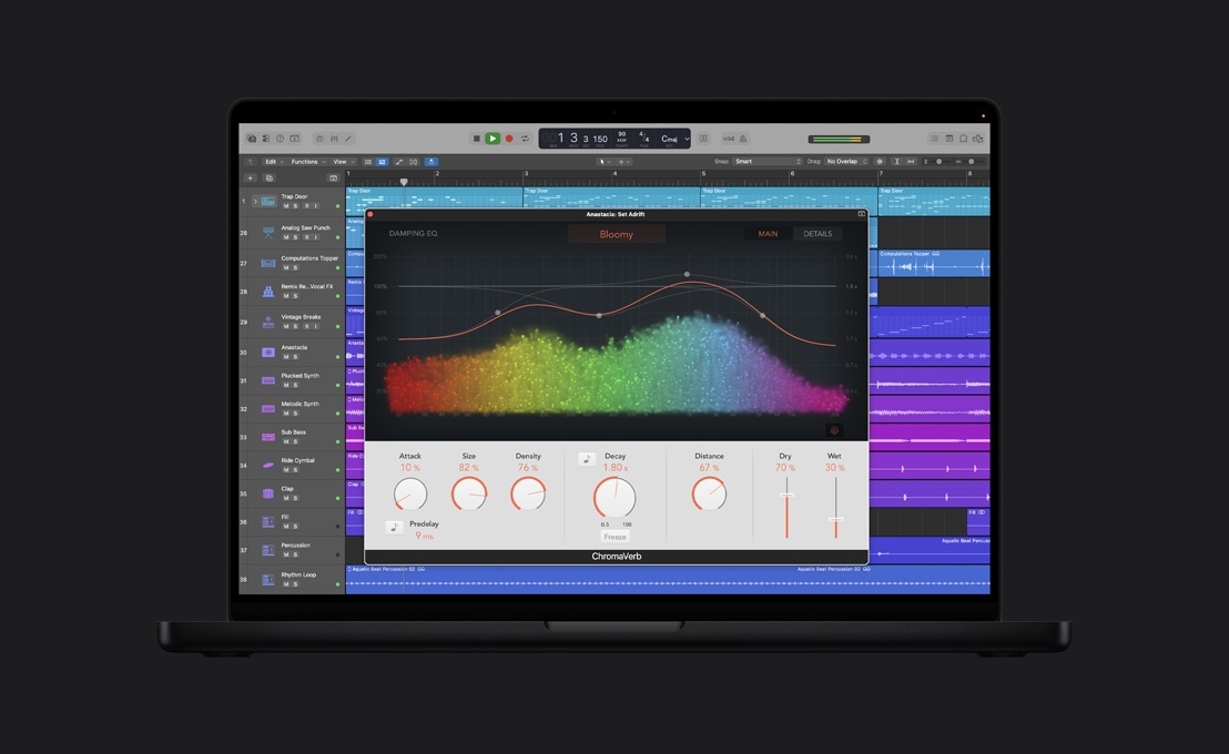 Layar MacBook Pro 16 menampilkan ChromaVerb, jendela Anastacia: Set Adrift, gelombang suara berwarna pelangi pada grafik, tombol putar di bagian bawah