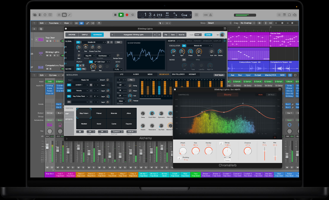 Layar MacBook Pro 16 menampilkan jendela sampel vokal dan jendela stereo keluar
