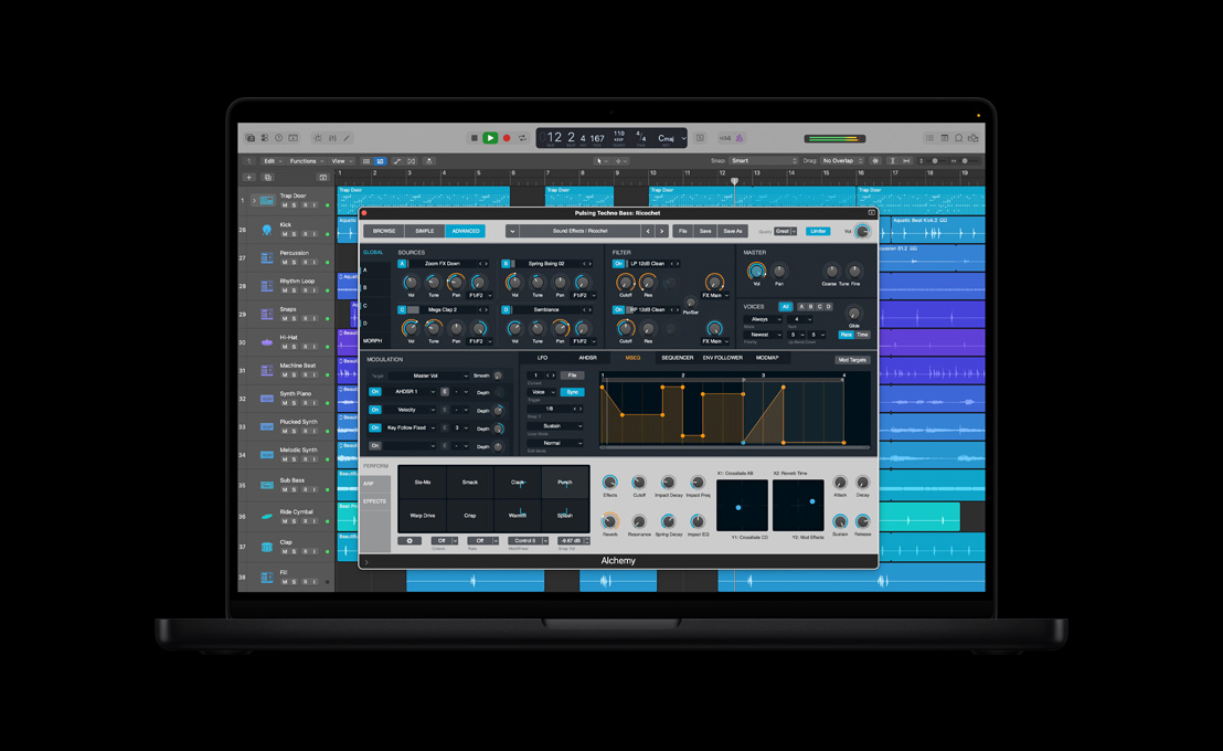 Layar MacBook Pro 16 menampilkan Alchemy, jendela Pulsing Techno Bass: Ricochet, kontrol dan efek canggih