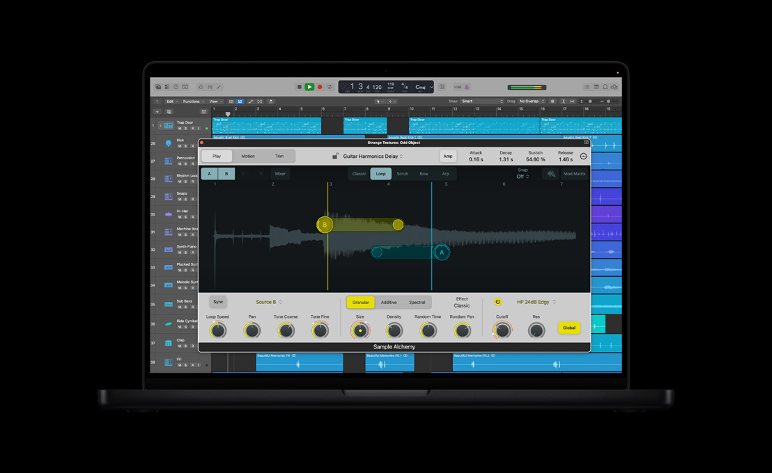MacBook Pro 16, jendela Sampel Alchemy Logic Pro, tampilan vokal