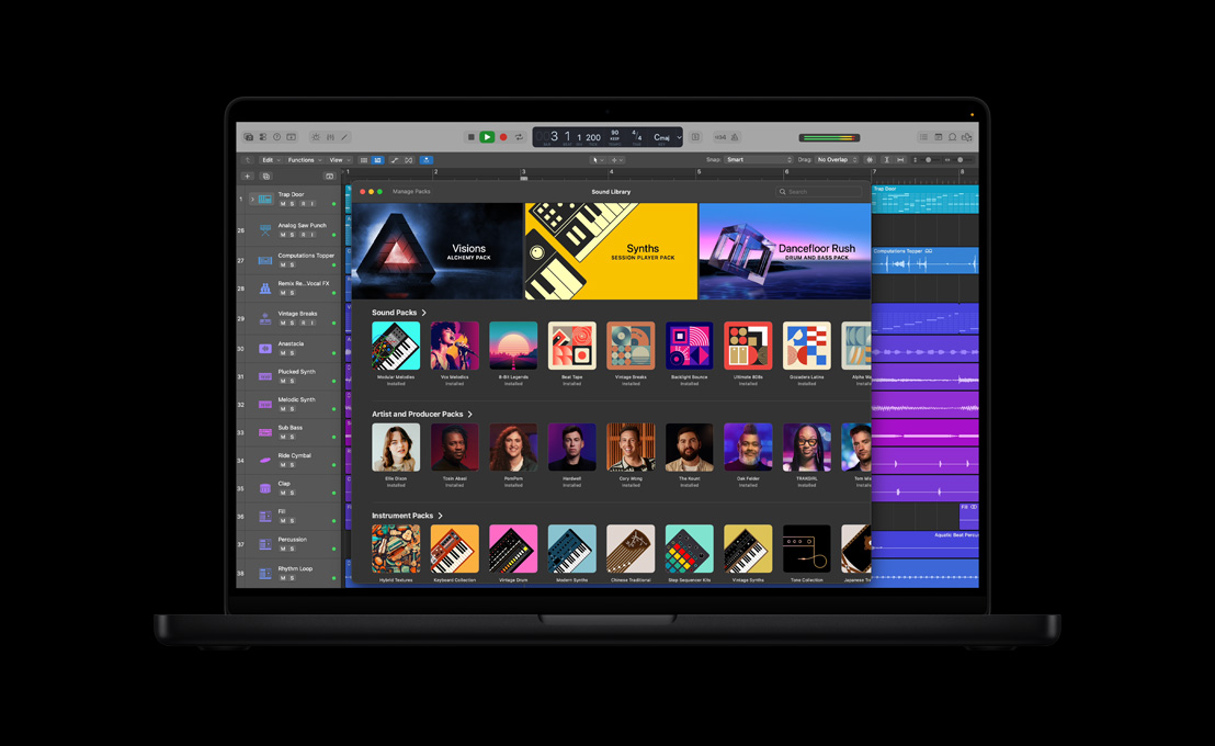 Layar MacBook Pro 16 menampilkan Perpustakaan Bunyi, paket bunyi, paket produser dan musisi, paket instrumen