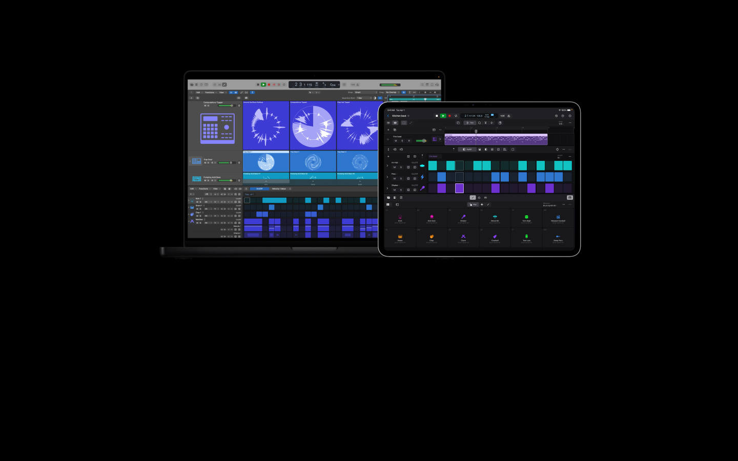 Layar MacBook Pro 16 menampilkan antarmuka Logic Pro, dengan detail berbagai kontrol untuk bass dan drum, layar iPad Pro 13 menampilkan kontrol untuk berbagai efek drum dan perkusi