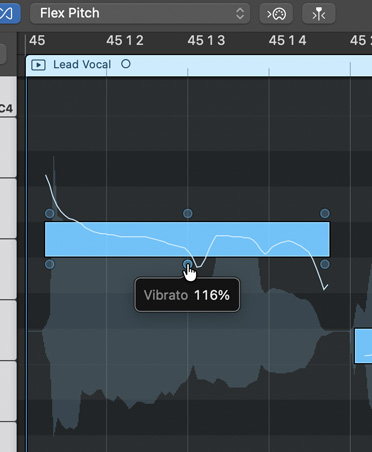 Layar menampilkan Flex Pitch dengan persentase Vibrato, grafik Lead Vocal