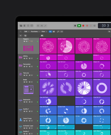 Layar MacBook Pro 16 inci menampilkan kontrol dan efek, panel kiri berisi Toppers, Infinity, Perkusi, Tekstur, Ketukan, Keyboard, Synths 1, Vocal Chops, Anthemic Lead, Synths 2, Synths 3, setiap baris dikategorikan berdasarkan warna dan ditampilkan di sebelah kanan