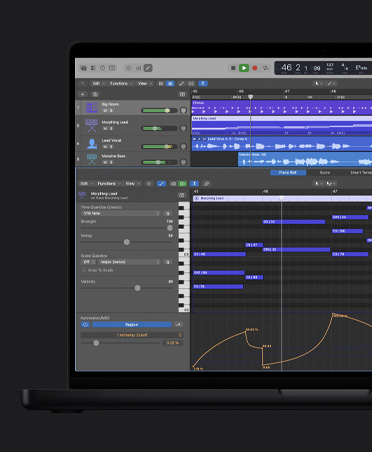 Layar MacBook Pro 16 menampilkan gelombang suara dengan baris yang berbeda termasuk Big Room, Morphing Lead, Lead Vocal, Massive Bass, di bagian bawah terdapat jendela Rol Piano dengan kontrol penyesuaian di sebelah kiri