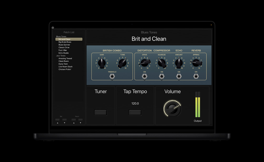 Layar MacBook Pro 16 menampilkan panel Daftar Tambalan di sebelah kiri, Blue Tones di tengah dengan tombol putar, di bawah ada bagian untuk Penyetel, Ketuk Tempo, Volume