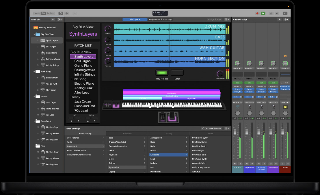 Layar MacBook Pro 16 menampilkan ruang kerja MainStage, panel kiri berisi berbagai file, di bagian bawah Pengaturan Tambalan dengan Perpustakaan Tambalan berisi suara, di kanan Garis Saluran serta kontrol