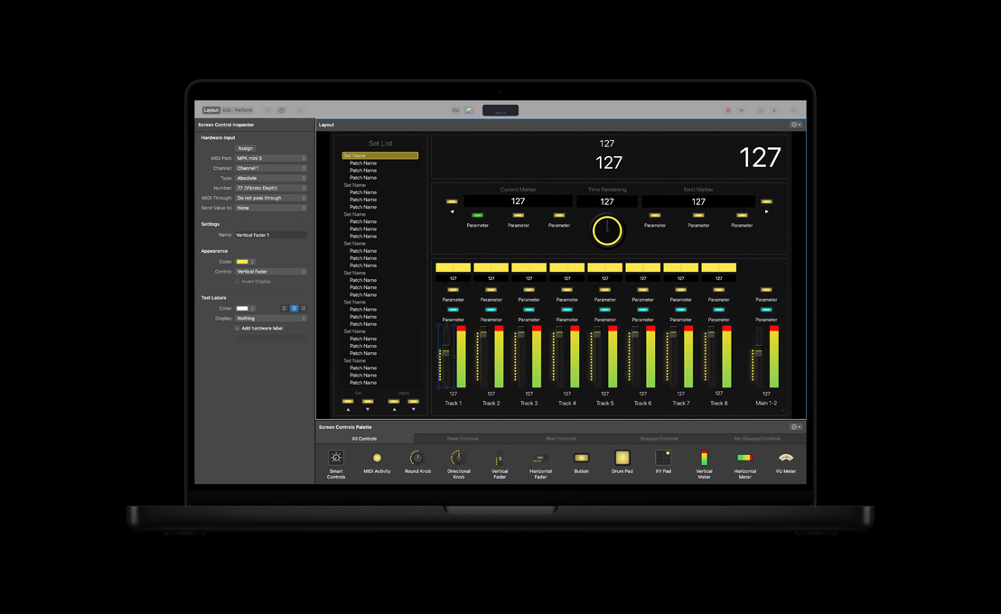 MacBook Pro 16, layar menampilkan ruang kerja Logic Pro dengan tata letak, pemeriksa kontrol layar di sebelah kiri, dan palet kontrol layar di bagian bawah