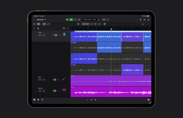 iPad Pro 13, ruang kerja menampilkan baris rekaman audio dalam berbagai warna