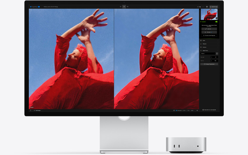 Mac mini, parte frontal, debajo de un Studio Display, la app Topaz Photo abierta en macOS