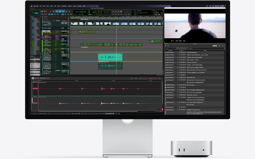 Mac mini, parte frontal, debajo de un Studio Display, muestra la ejecución de una herramienta profesional con el plug-in Auto-Align Post 2 en macOS