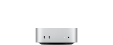Mac mini, vista frontal, dos puertos Thunderbolt, indicador luminoso de estado, toma para auriculares, base negra con diseño cónico, cubierta plana, laterales redondeados, bordes rectos, color plata