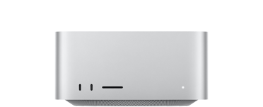 Mac Studio, front, two USB‑C ports, SDXC card slot, status indicator light, tapered base at bottom, flat top, rounded sides, straight edges, silver color