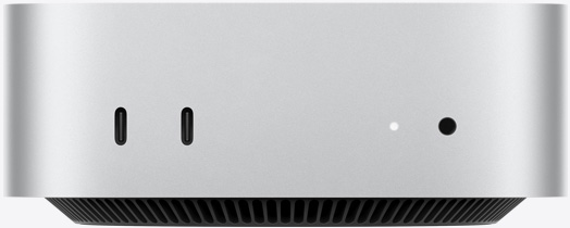 Mac mini, vista frontal, dos puertos Thunderbolt, indicador luminoso de estado, toma para auriculares, base negra con diseño cónico, cubierta plana, laterales redondeados, bordes rectos, color plata