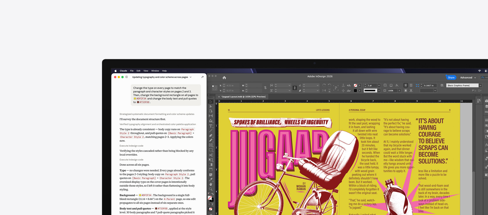 Adobe InDesign 2026, instrucción generativa en una segunda ventana para diseñar un cartel