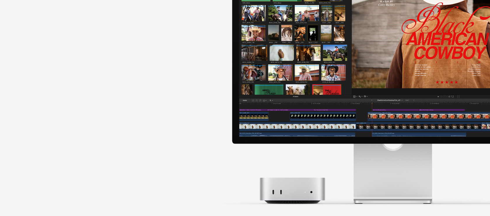 Un Mac mini con un Studio Display, la pantalla muestra el título de una película llamada Black American Cowboy a la derecha, varias imágenes de fotos fijas a la izquierda