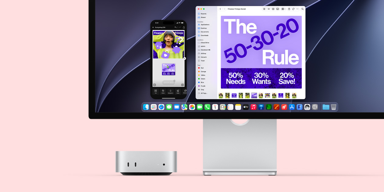 Mac mini vist forfra, plassert under Studio Display, viser iPhone-speiling av et innlegg i sosiale medier om et tema kalt Finance Fridays
