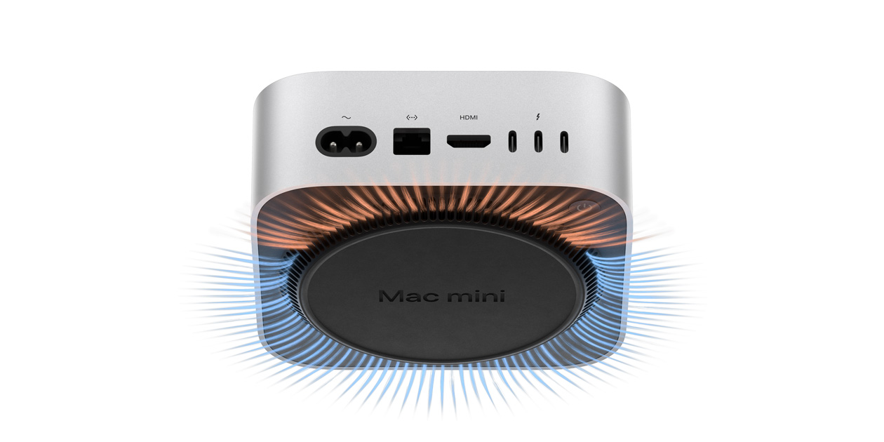 Mac mini, vista inferior, se muestra el sistema térmico y de ventilación debajo de la carcasa de aluminio