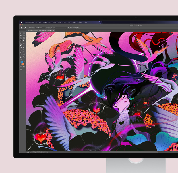 Studio Display, software de edición Adobe Photoshop, imagen abstracta en la pantalla