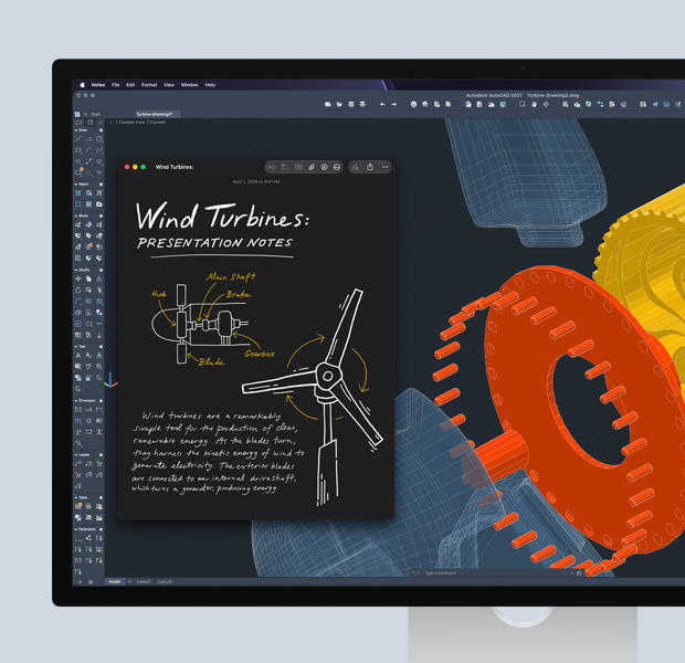 Studio Display, software Autodesk AutoCAD abierto, proyecto de ciencias en la pantalla, app Notas al lado