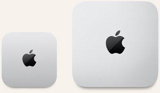 Vista superior de dos Mac mini que muestra el aluminio en plata, las esquinas redondeadas y el logotipo negro y brillante de Apple en el centro. El dispositivo de la izquierda es la nueva versión y es menos de la mitad de tamaño que el de la derecha