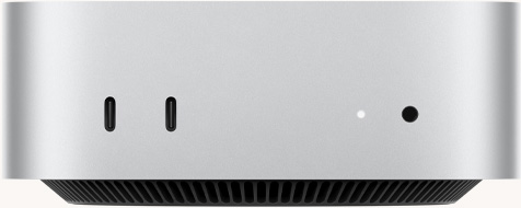Mac mini, vista frontal, dos puertos Thunderbolt, indicador luminoso de estado, toma para auriculares, base negra con diseño cónico, cubierta plana, laterales redondeados, bordes rectos, color plata
