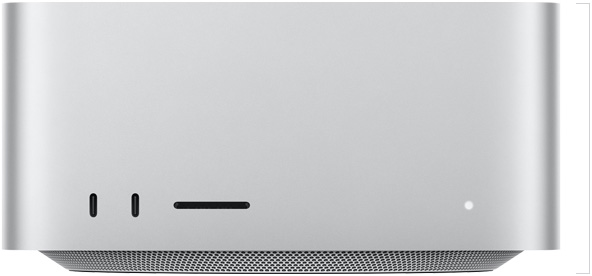 Mac Studio, pannello anteriore, due porte USB‑C, slot SDXC card, indicatore di stato, base affusolata, pannello superiore piatto, lati arrotondati, bordi dritti, color argento