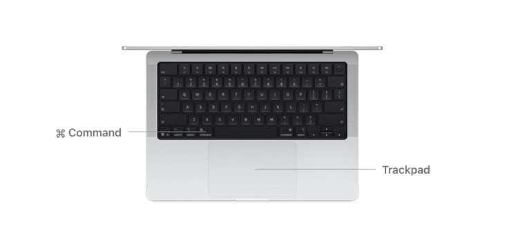 Top view of MacBook Pro 14″ with lines indicating where the Command key button and trackpad are.