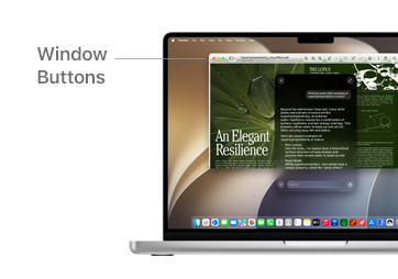 Ask Siri populates helpful research information on MacBook Pro 14″, Preview runs in the background with a line indicating the location of the Window Buttons.