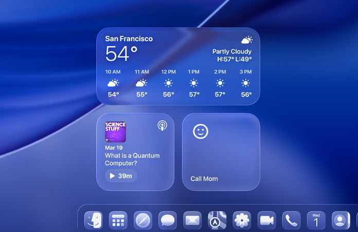 Écran verrouillé avec widgets au design Liquid Glass