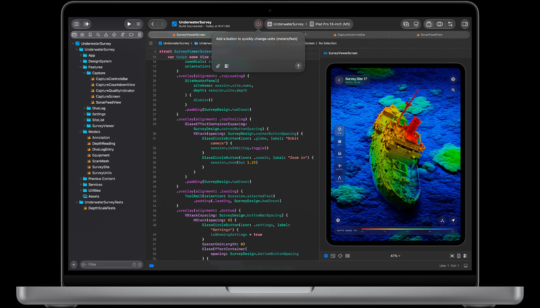 MacBook Pro, Xcode, asistente de IA muestra un mensaje que dice: "Agregar un botón para cambiar rápidamente de unidades, metros o pies", editor de código con código Swift a la izquierda, vista previa a la derecha muestra una app para el iPad con el escaneo en 3D de un naufragio en el fondo del mar
