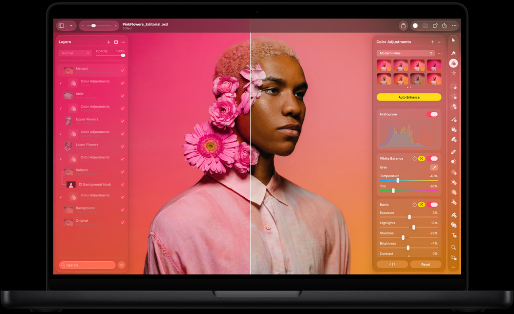 Pantalla que muestra Pixelmator Pro, imagen dividida que muestra el antes y el después, flores rosas en el cabello de la persona retratada, tonos rosa vibrantes en el lado izquierdo, tonos neutros en el lado derecho, panel Capas a la izquierda, panel Ajustes de Color a la derecha