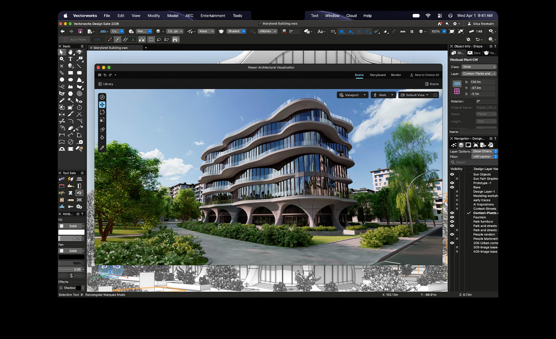 Pantalla de una MacBook Pro que muestra Vectorworks Design Suite