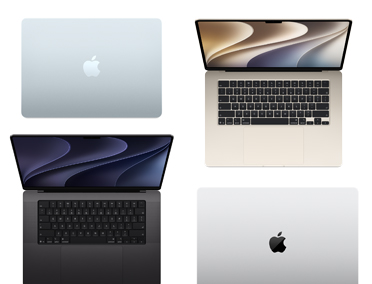四款不同型號、尺寸和顏色的 Mac 電腦，展示不同的自訂選項