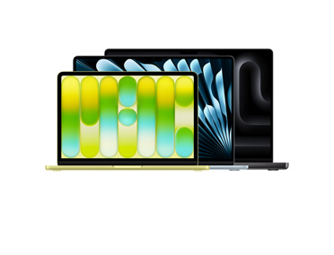 ثلاثة من منتجات MacBook: جهاز MacBook Neo مقاس 13 إنش، الغطاء مفتوح، لون أصفر سيتروس، شاشة ريتنا ليكويد، أرجل مستديرة نافرة، جهاز MacBook Air مقاس 15 إنش، الغطاء مفتوح، لون أزرق سماوي، أرجل مستديرة نافرة، جهاز MacBook Pro مقاس 16 إنش، الغطاء مفتوح، لون أسود فلكي، أرجل مستديرة نافرة
