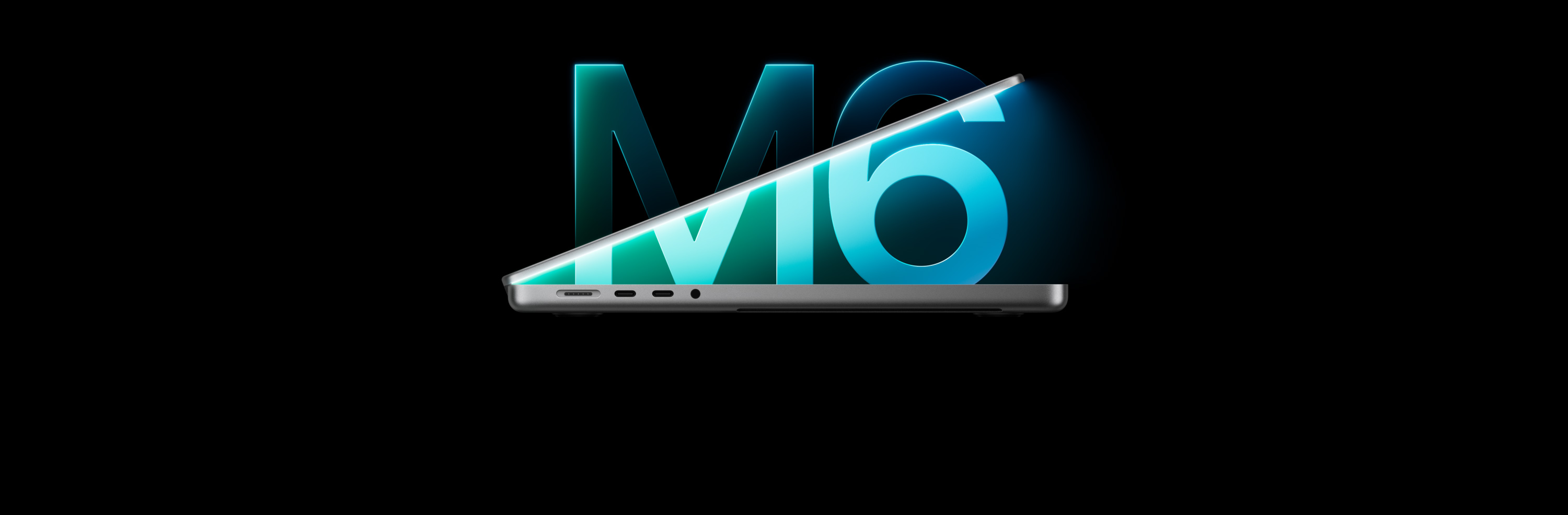 لقطة جانبية لجهاز MacBook Pro، لون فضي، يتخد شكل الرقم 6، للإشارة إلى شريحة M6