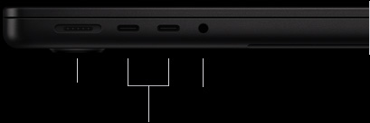 MacBook Pro mit M5 Pro oder M5 Max Chip, Farbe Space Schwarz, geschlossen, linke Seite mit folgenden Anschlüssen: MagSafe 3, zwei Thunderbolt 5 und 3,5 mm Kopfhöreranschluss