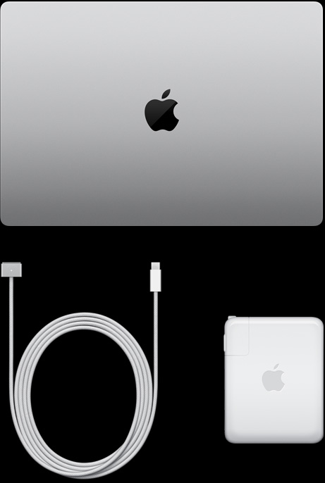 閉合的銀色 MacBook Pro 俯視圖，旁邊擺放著充電連接線與電源轉接器