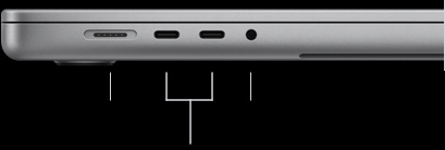 MacBook Pro with M5 Pro or M5 Max chip, silver color, closed, left side, showing the following ports: MagSafe 3, two Thunderbolt 5, and 3.5 mm headphone jack
