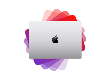 MacBook Pro, top exterior, MacBook silhouette fans out from behind into spectrum of purple and red colors