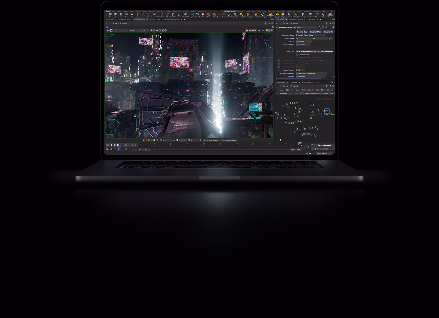 16-inch MacBook Pro with PROLED XDR Display, space black colour, display shows a 3D computer-generated cityscape rendered in Houdini