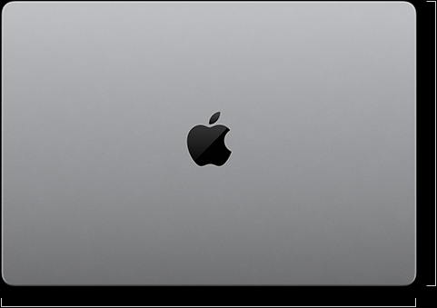 MacBook Pro avec Écran PROLED XDR, argent, dessus, fermé, indiquant les dimensions : longueur de 24,42 centimètres, largeur de 35,55 centimètres