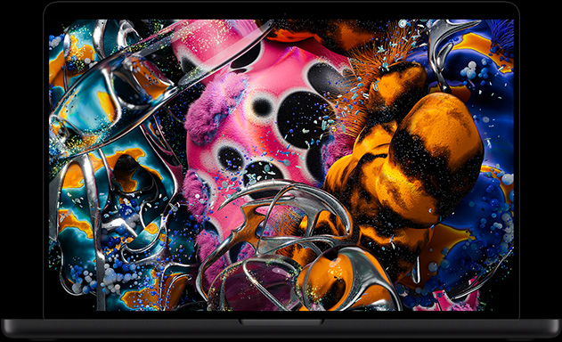 MacBook Pro avec Écran PROLED XDR, noir sidéral, l’écran affiche une image détaillée avec un contraste élevé et des couleurs éclatantes