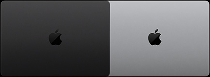 MacBook Pro avec Écran PROLED XDR, noir sidéral, dessus, fermé et MacBook Pro avec Écran PROLED XDR, argent, dessus, fermé