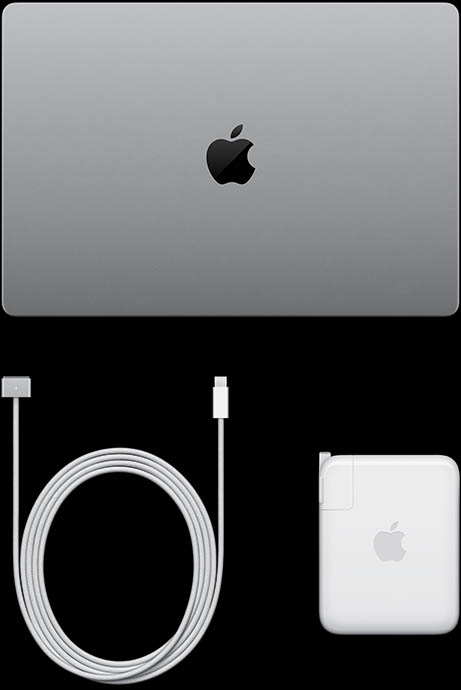 MacBook Pro avec écran PROLED XDR, couleur argent, dessus, fermé, câble de recharge USB-C et adaptateur d’alimentation