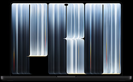 MacBook Pro avec Écran PROLED XDR, noir sidéral, ouvert, écran affichant des formes en ruban couvertes de bandes lumineuses de largeurs diverses, dessinant le mot Pro.