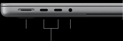 MacBook Pro avec Écran PROLED XDR, argent, fermé, côté gauche, montrant les ports suivants : MagSafe 3, deux ports Thunderbolt 5 et prise casque 3,5 mm