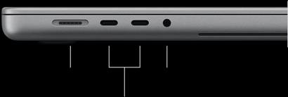 MacBook Pro avec Écran PROLED XDR, argent, fermé, côté gauche, montrant les ports suivants : MagSafe 3, deux ports Thunderbolt 5 et prise casque 3,5 mm