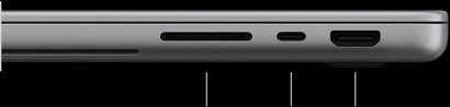 MacBook Pro avec Écran PROLED XDR, argent, fermé, côté droit, montrant trois ports : SDXC, Thunderbolt 5 et HDMI