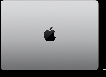 Parte de cima do MacBook Pro prateado fechado mostrando as medidas de comprimento e largura